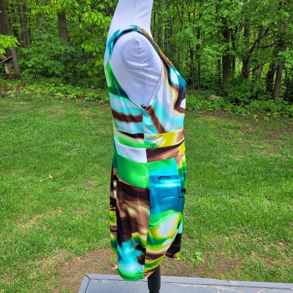 Bisou Bisou Blue & Green Watercolor Dress w/ Copper Embellished Neckline size 14 - Picture 2 of 12